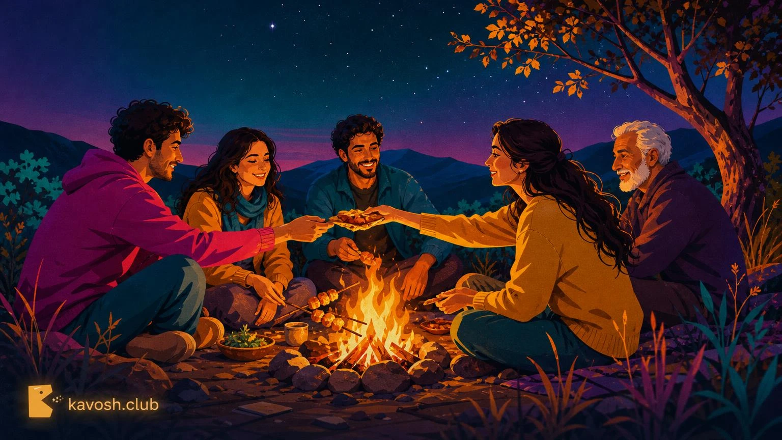 چند زن و مرد شب دور آتش نشسته‌اند و تکه‌های غذایی را که روی شعله پخته شده دست‌به‌دست می‌کنند