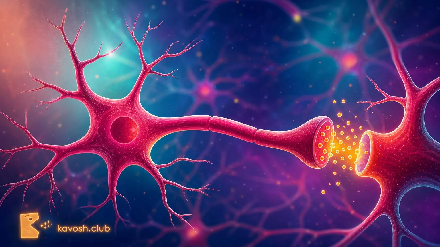 نمای نزدیک یک نورون، از بدنه‌ی سلول تا رشته‌ی بلندش و شکاف باریکی که با نورون بعدی دارد