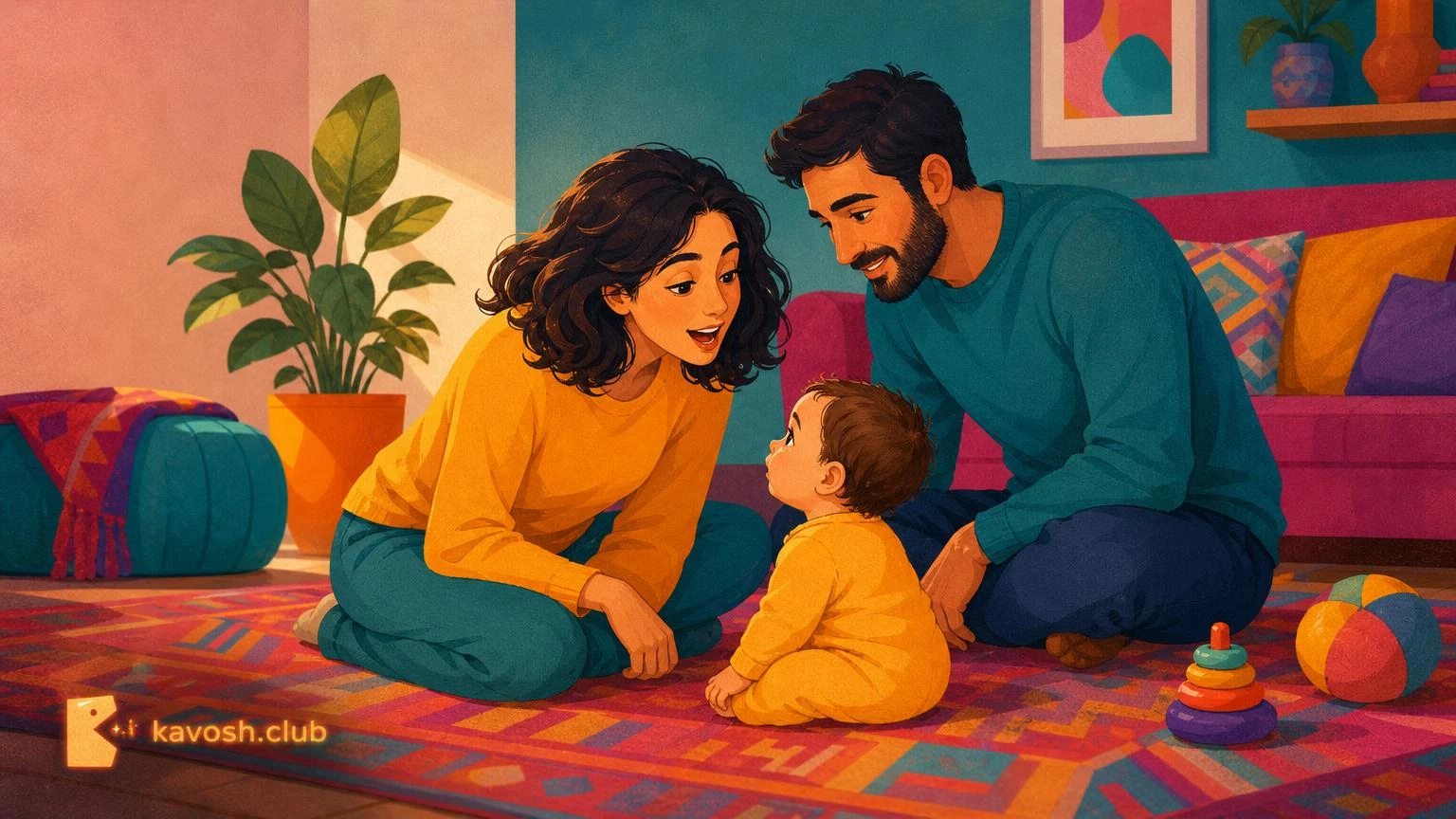 یه مادر و یه پدر کنار هم روی فرش خونه نشستن و با نوزادی که روبه‌روشون نشسته حرف می‌زنن، و نوزاد با دقت به دهن مادرش نگاه می‌کنه