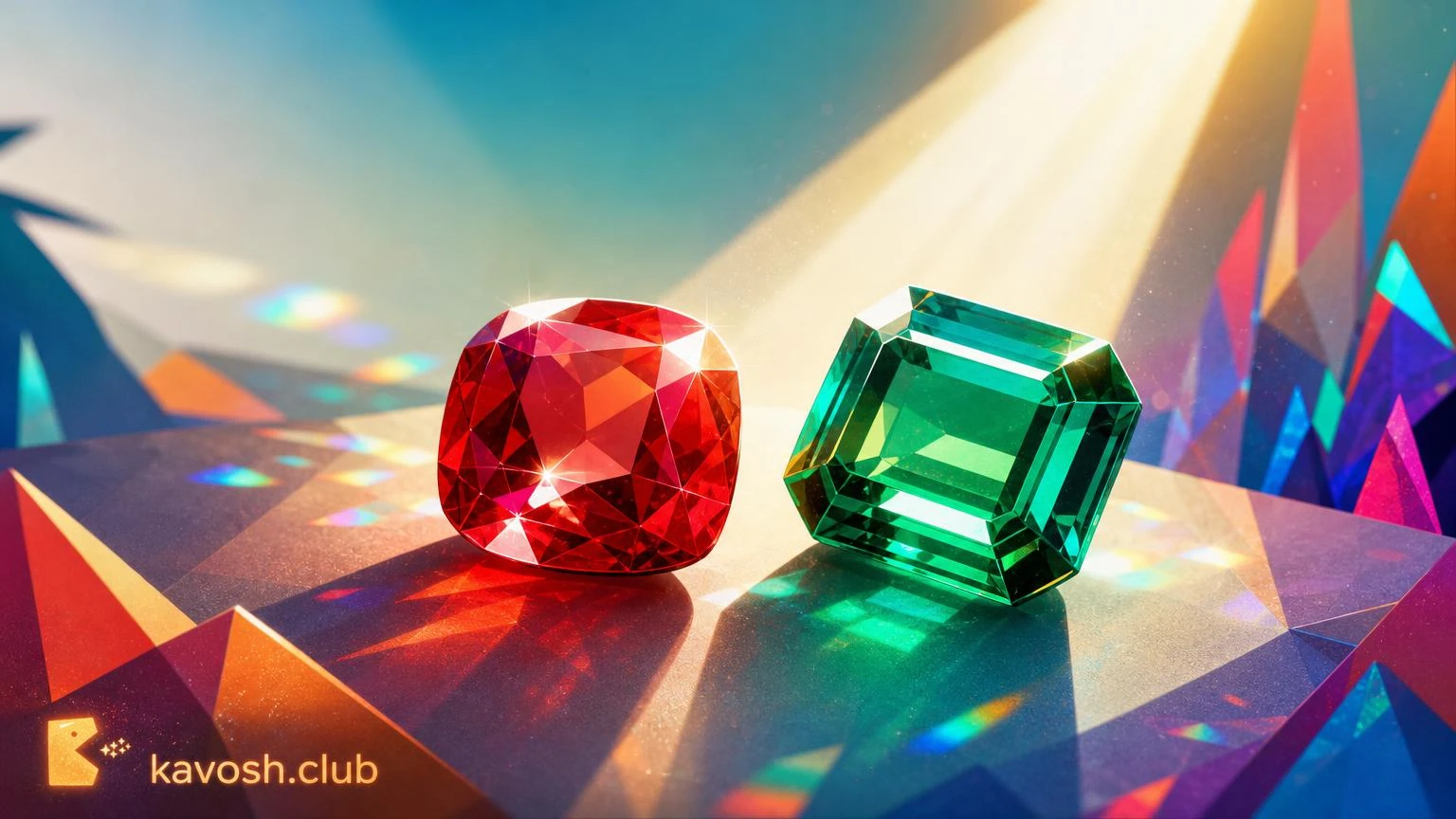 یک یاقوت سرخ و یک زمرد سبز کنار هم زیر نور سفید آفتاب